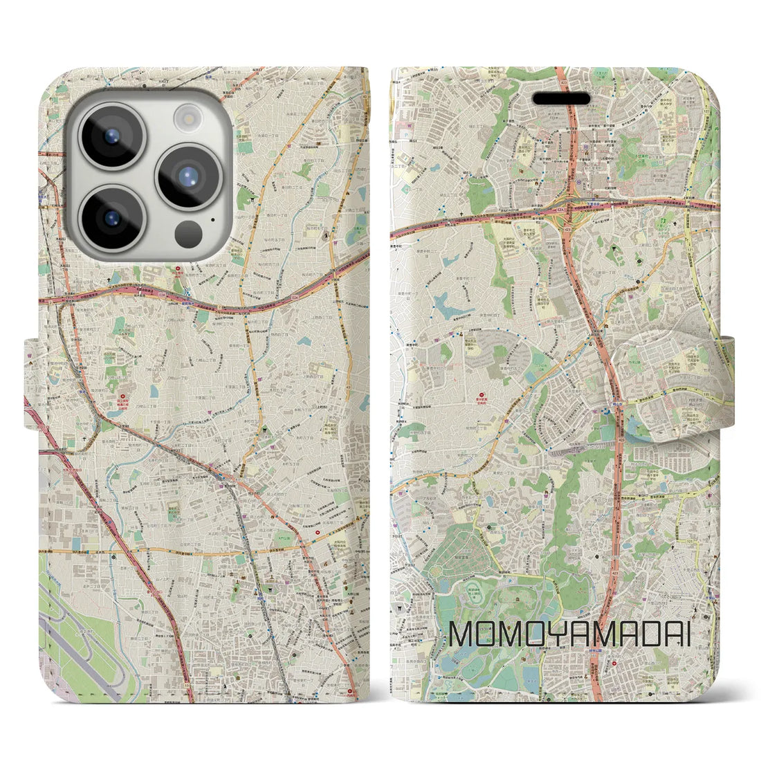 【桃山台】地図柄iPhoneケース（手帳両面タイプ・ナチュラル）iPhone 15 Pro 用