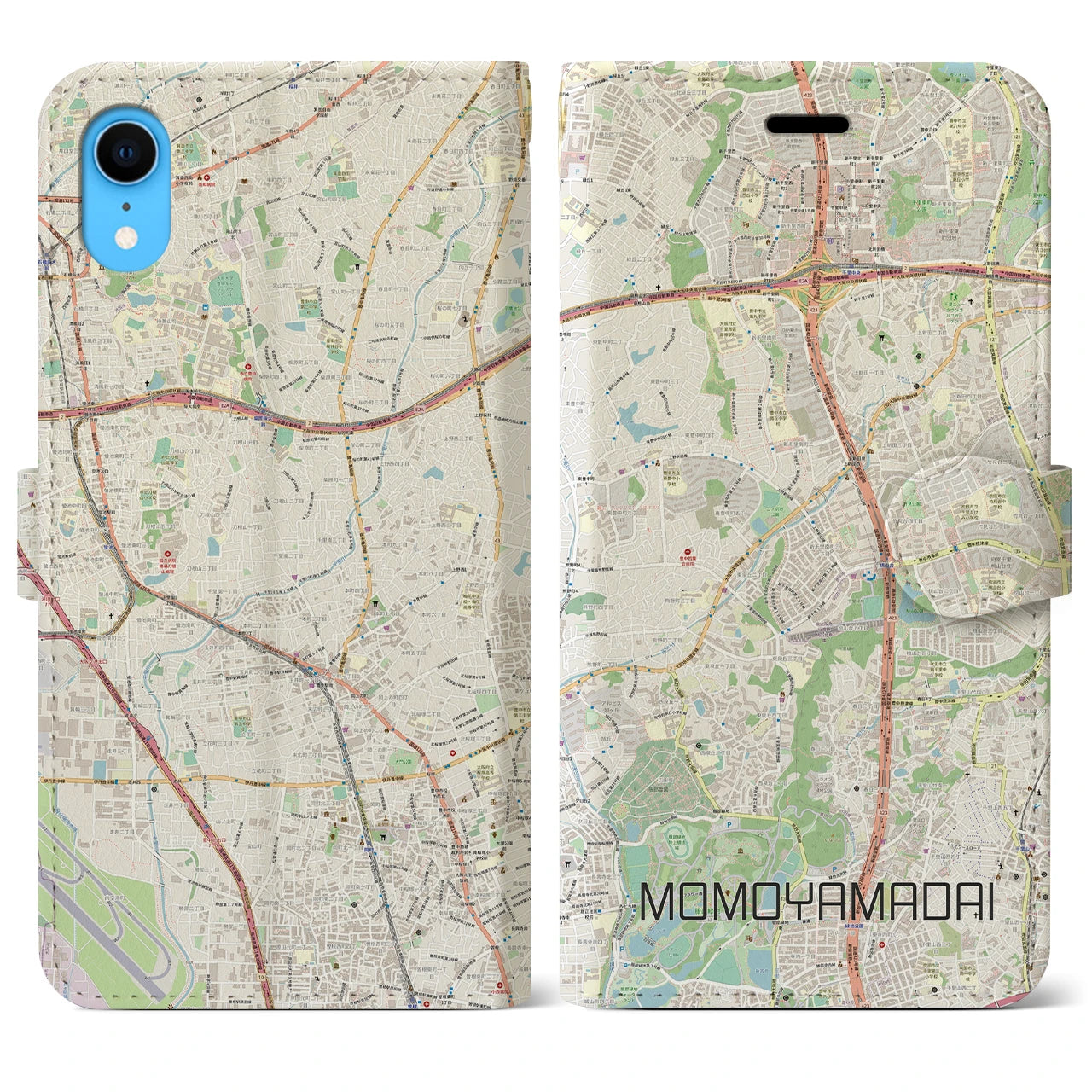 【桃山台】地図柄iPhoneケース（手帳両面タイプ・ナチュラル）iPhone XR 用