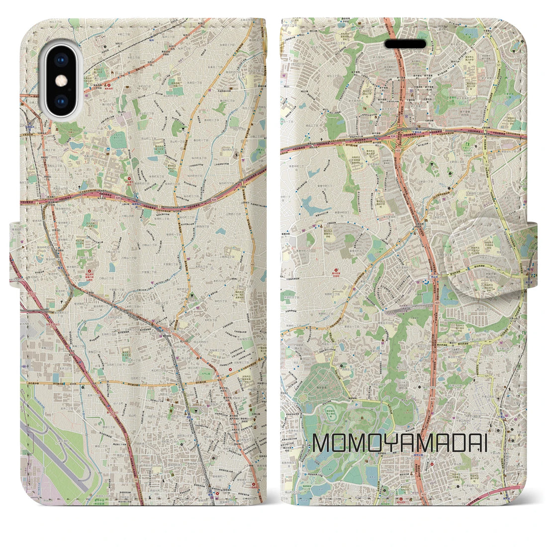 【桃山台】地図柄iPhoneケース（手帳両面タイプ・ナチュラル）iPhone XS Max 用