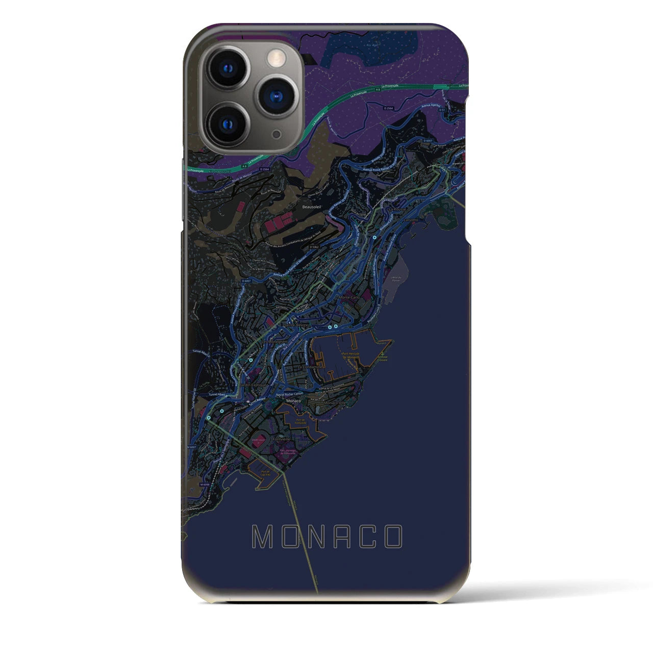 【モナコ】地図柄iPhoneケース（バックカバータイプ・ブラック）iPhone 11 Pro Max 用