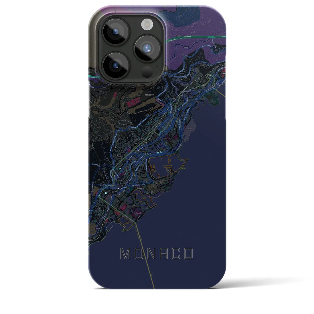 【モナコ】地図柄iPhoneケース（バックカバータイプ・ブラック）iPhone 15 Pro Max 用
