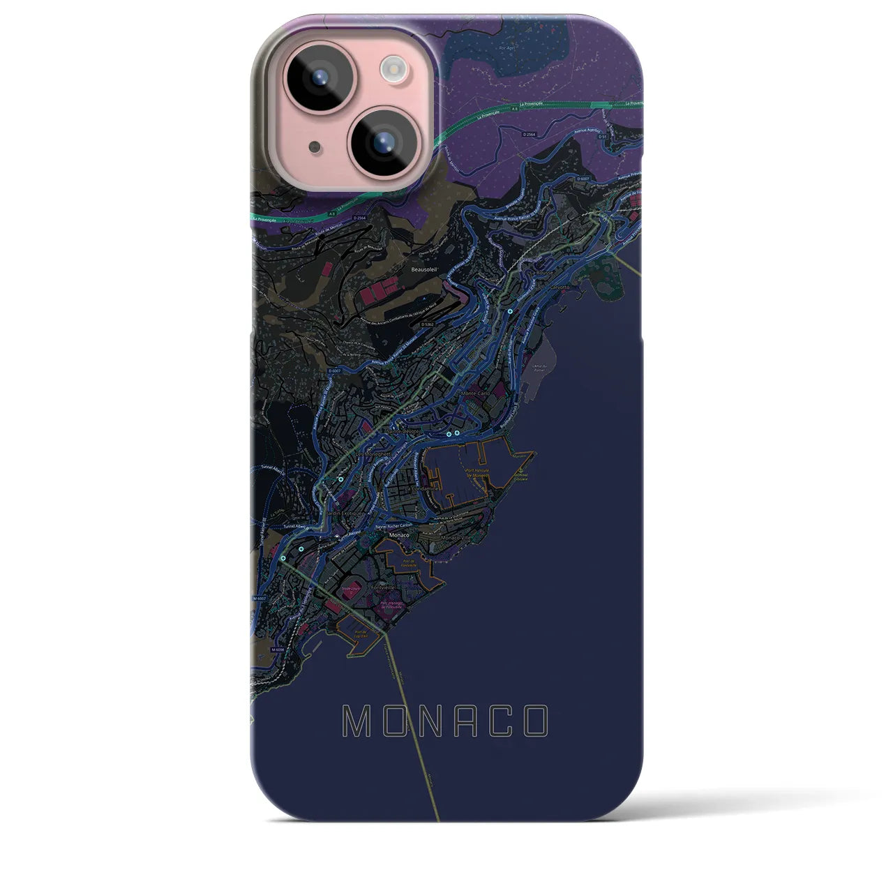 【モナコ】地図柄iPhoneケース（バックカバータイプ・ブラック）iPhone 15 Plus 用