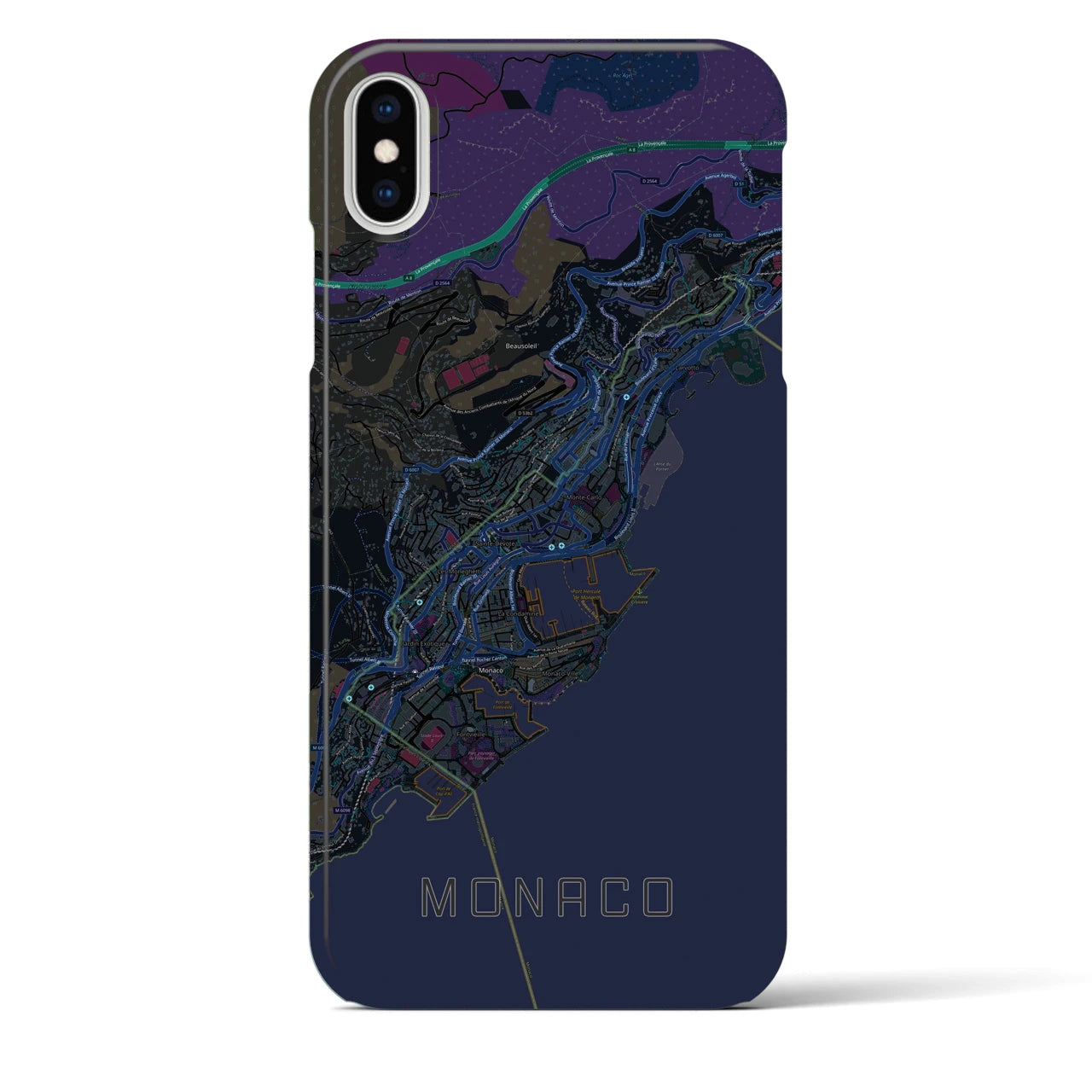 【モナコ】地図柄iPhoneケース（バックカバータイプ・ブラック）iPhone XS Max 用