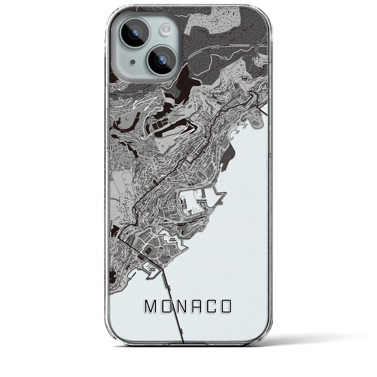 【モナコ】地図柄iPhoneケース（クリアタイプ・モノトーン）iPhone 15 Plus 用