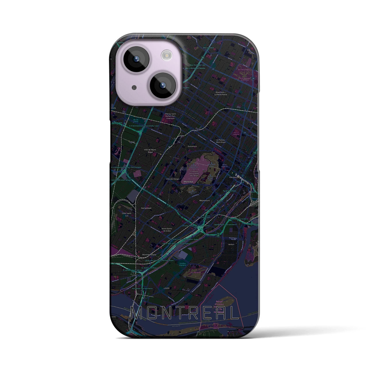 【モントリオール】地図柄iPhoneケース（バックカバータイプ・ブラック）iPhone 14 用