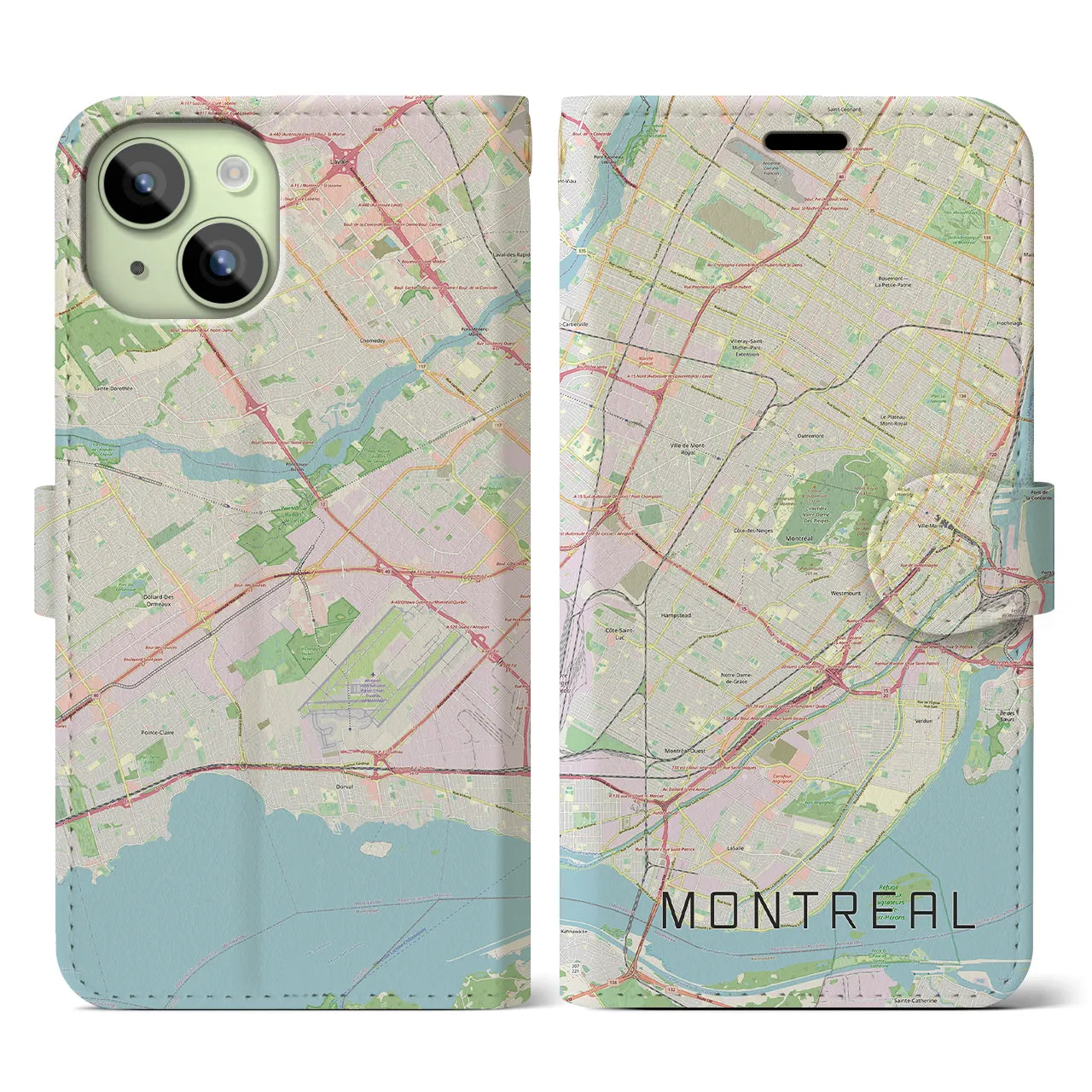 【モントリオール】地図柄iPhoneケース（手帳両面タイプ・ナチュラル）iPhone 15 用