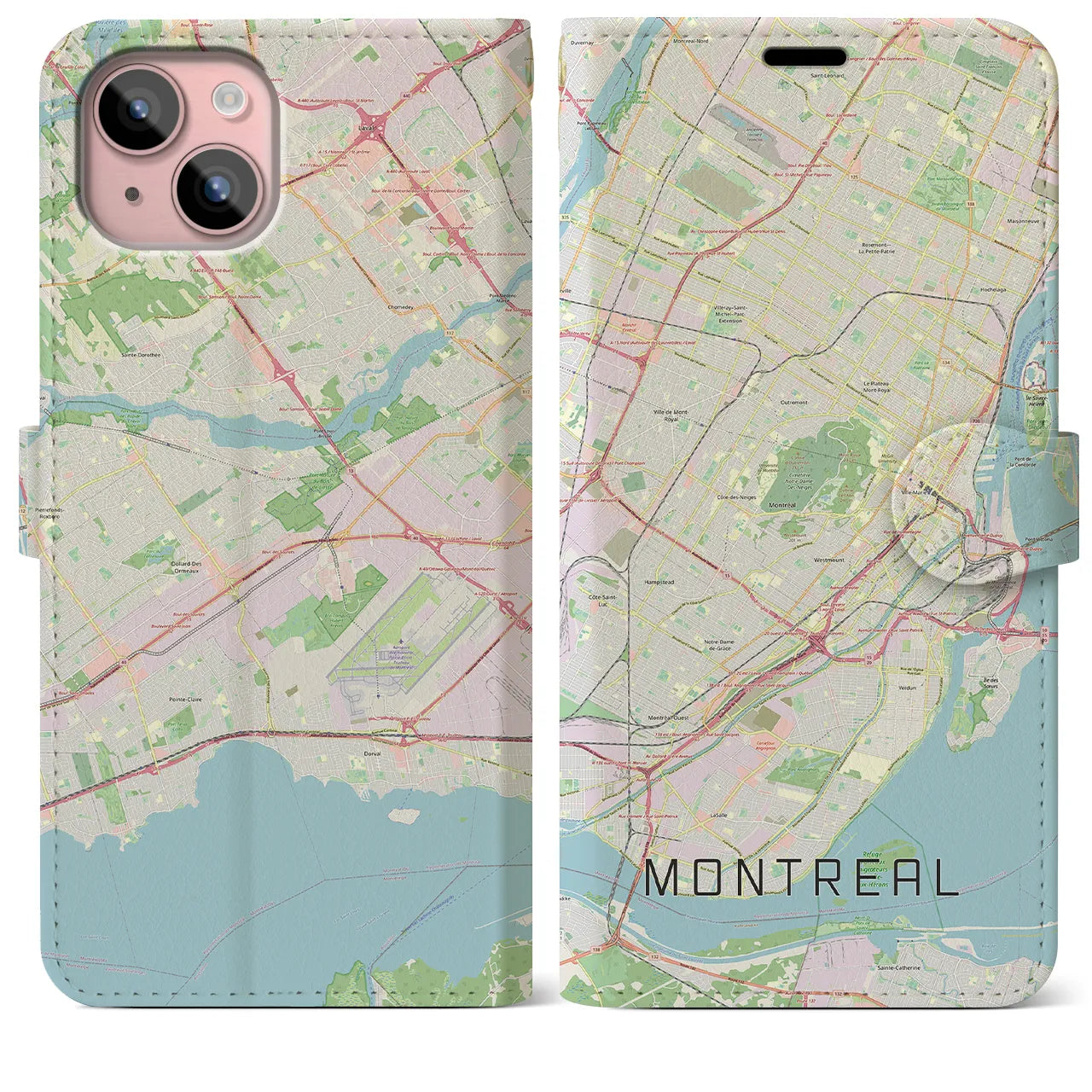 【モントリオール】地図柄iPhoneケース（手帳両面タイプ・ナチュラル）iPhone 15 Plus 用