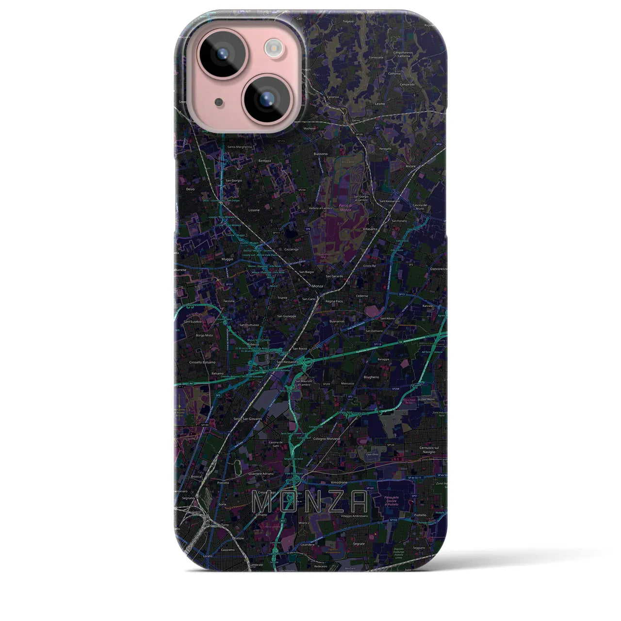 【モンツァ】地図柄iPhoneケース（バックカバータイプ・ブラック）iPhone 15 Plus 用