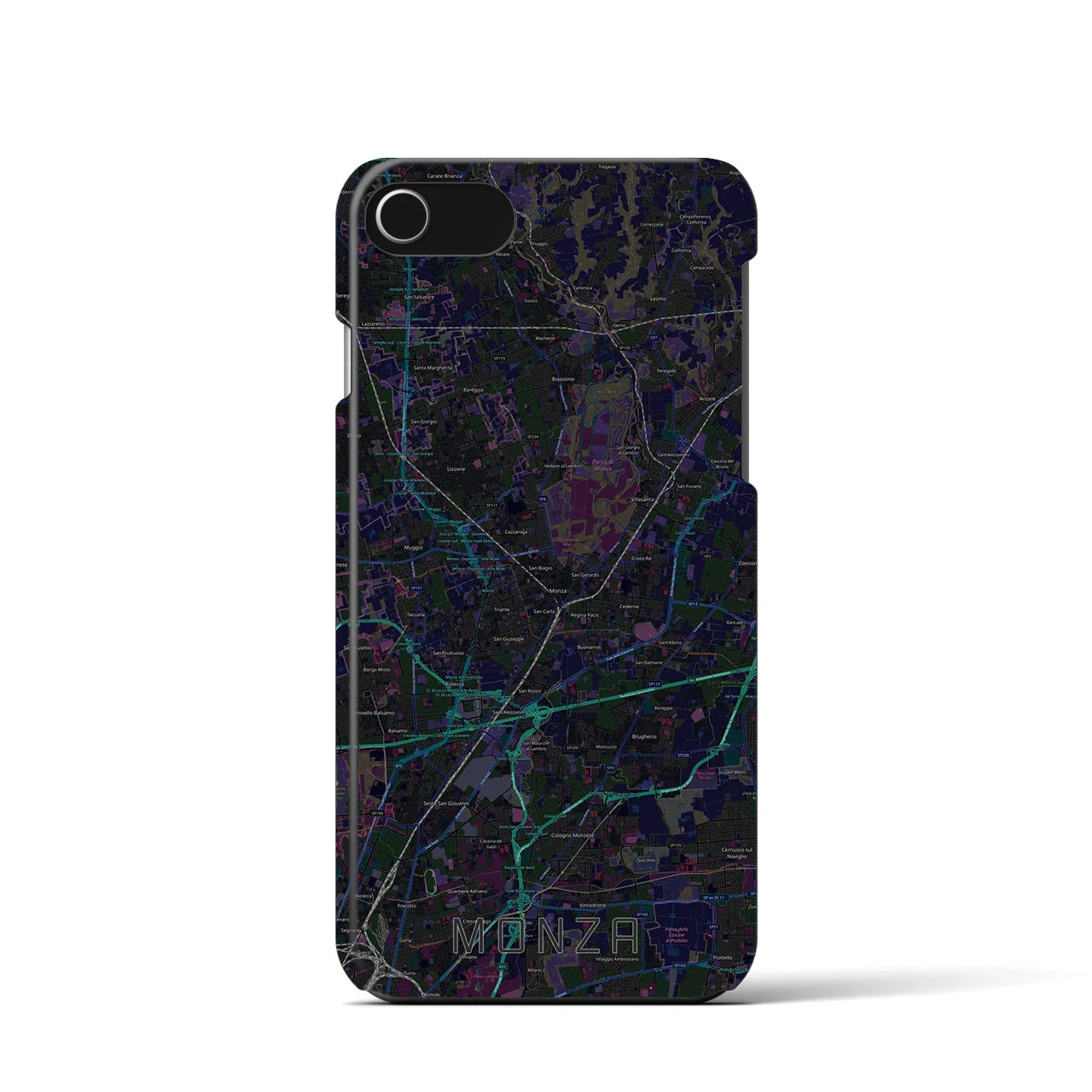 【モンツァ】地図柄iPhoneケース（バックカバータイプ・ブラック）iPhone SE（第3 / 第2世代） / 8 / 7 / 6s / 6 用