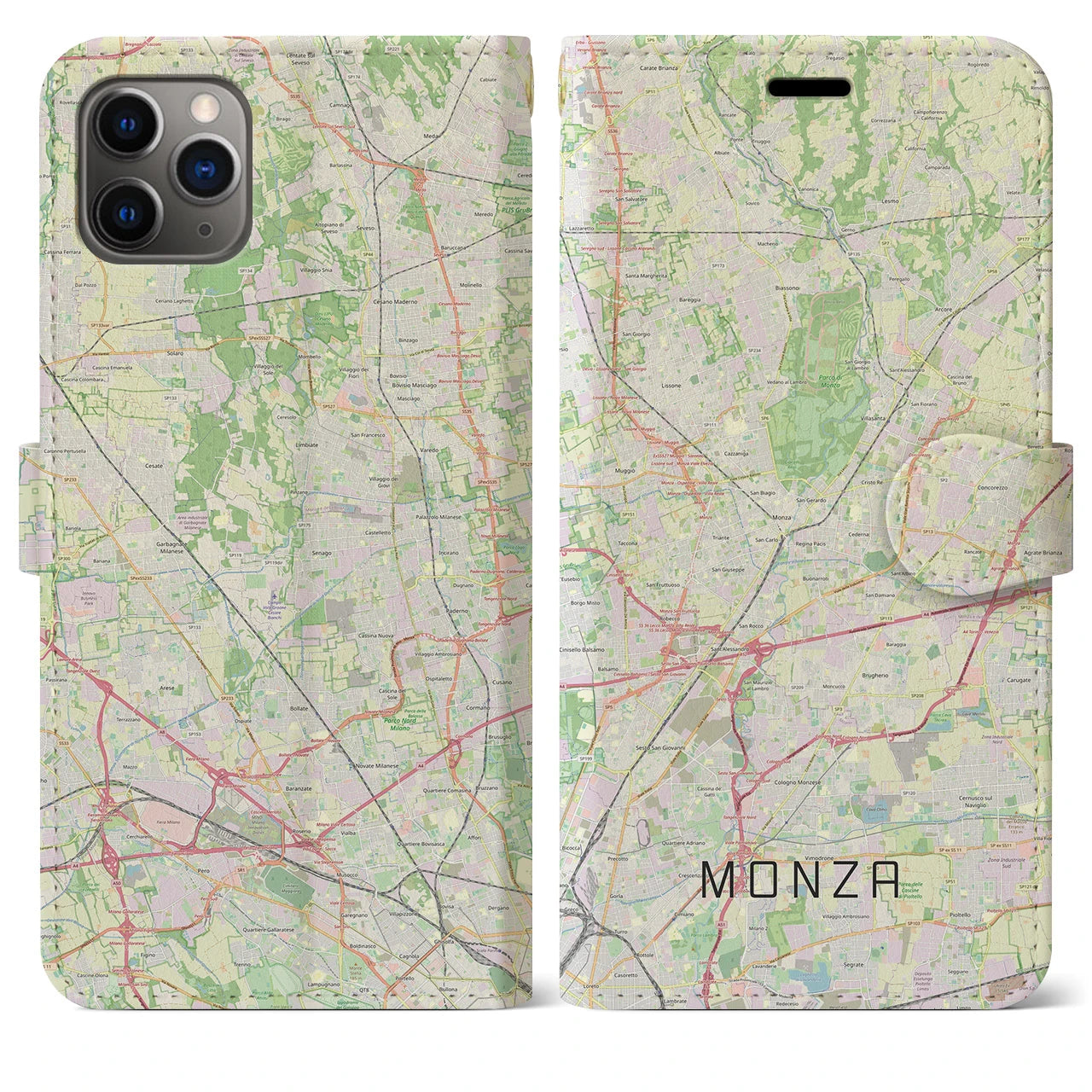 【モンツァ】地図柄iPhoneケース（手帳両面タイプ・ナチュラル）iPhone 11 Pro Max 用