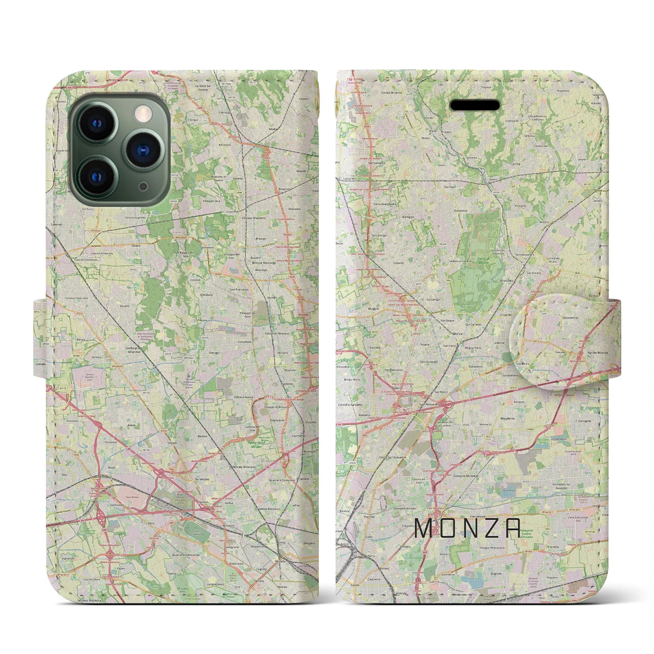 【モンツァ】地図柄iPhoneケース（手帳両面タイプ・ナチュラル）iPhone 11 Pro 用