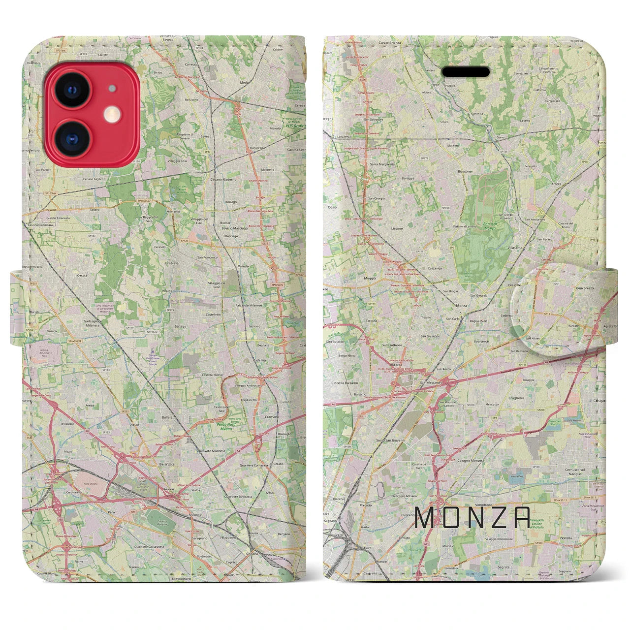 【モンツァ】地図柄iPhoneケース（手帳両面タイプ・ナチュラル）iPhone 11 用