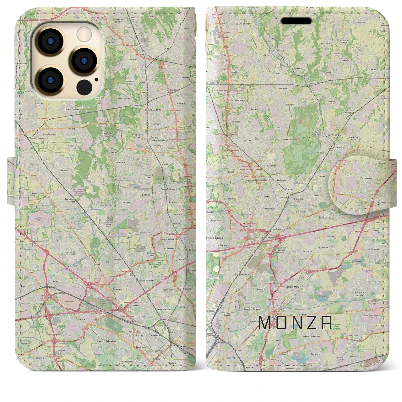 【モンツァ】地図柄iPhoneケース（手帳両面タイプ・ナチュラル）iPhone 12 Pro Max 用