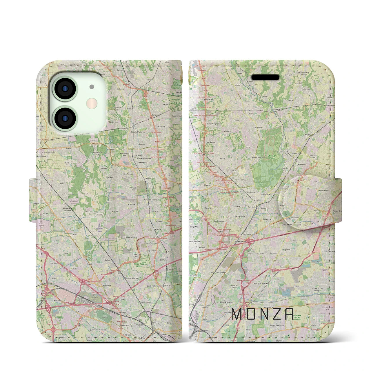 【モンツァ】地図柄iPhoneケース（手帳両面タイプ・ナチュラル）iPhone 12 mini 用
