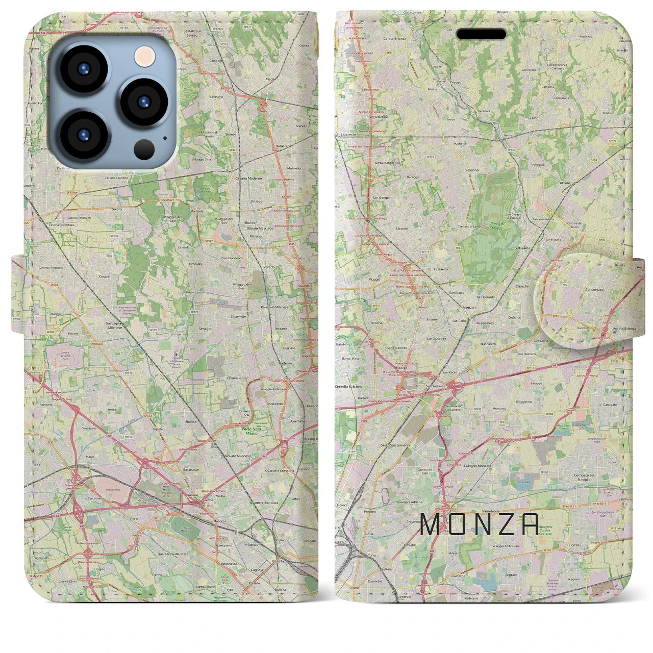 【モンツァ】地図柄iPhoneケース（手帳両面タイプ・ナチュラル）iPhone 13 Pro Max 用