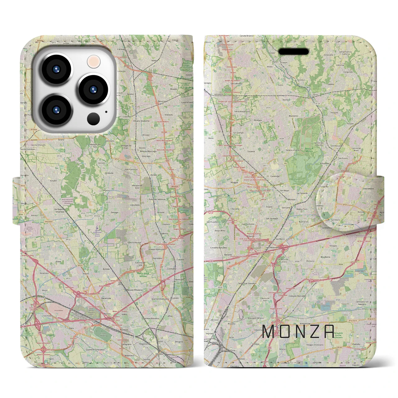 【モンツァ】地図柄iPhoneケース（手帳両面タイプ・ナチュラル）iPhone 13 Pro 用