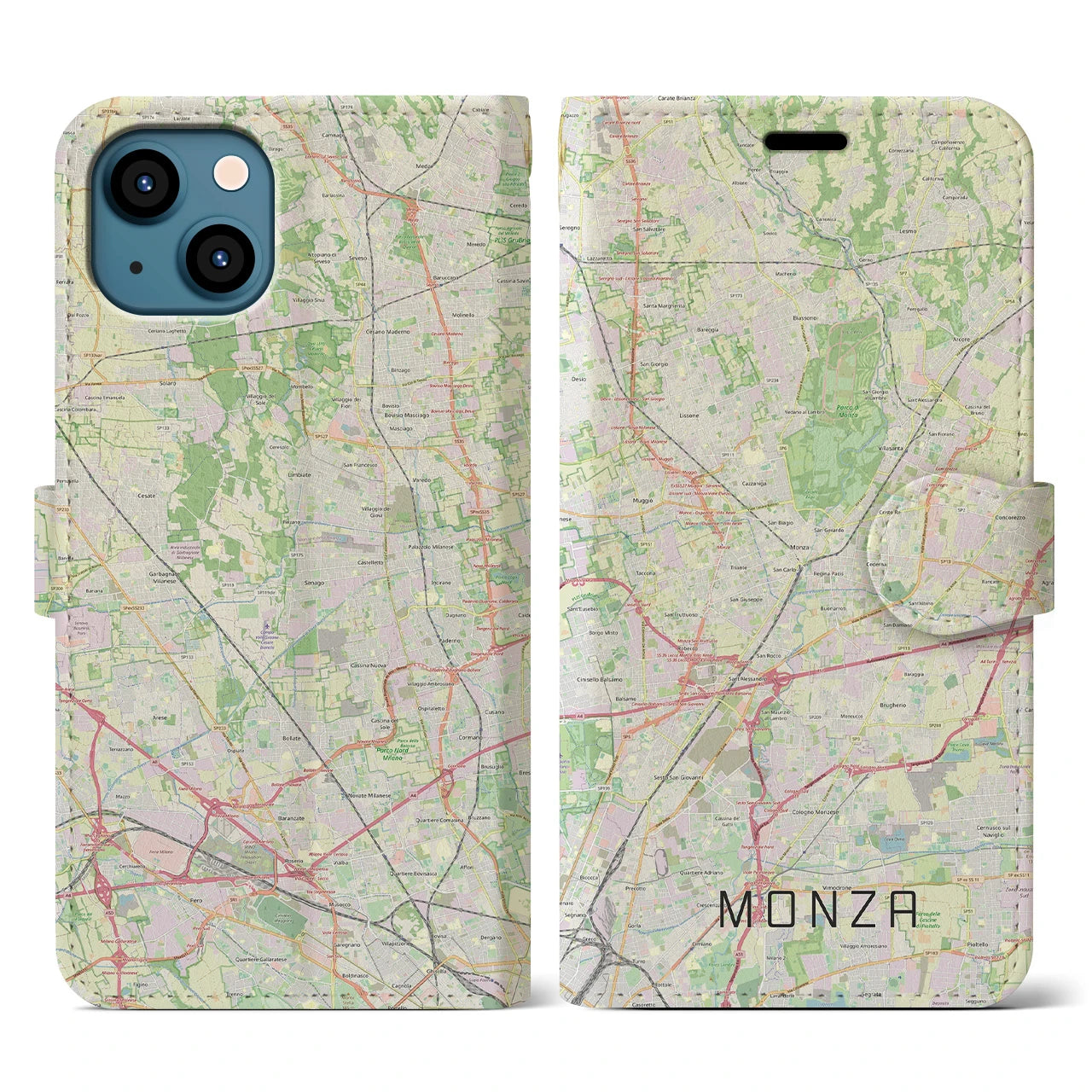 【モンツァ】地図柄iPhoneケース（手帳両面タイプ・ナチュラル）iPhone 13 用