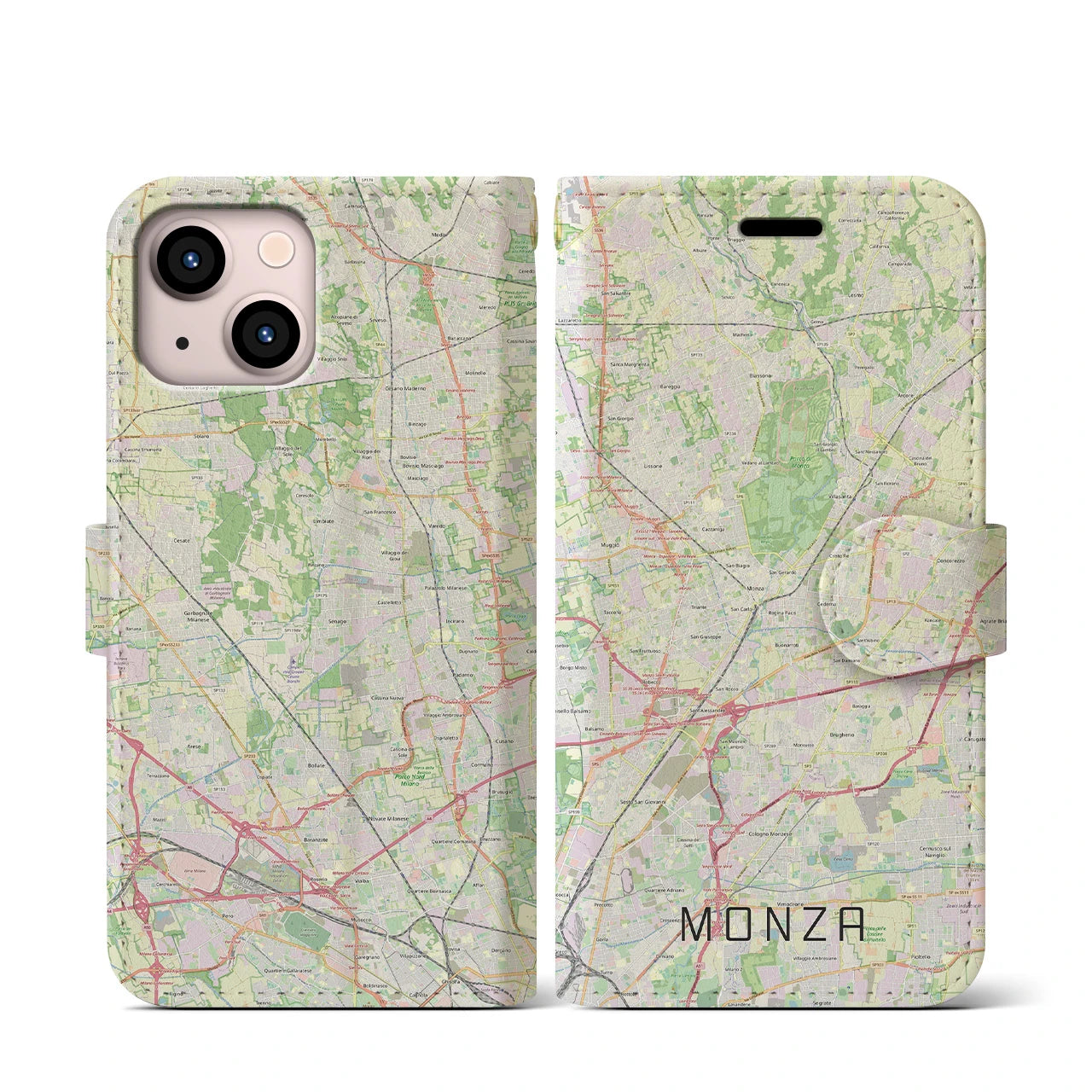 【モンツァ】地図柄iPhoneケース（手帳両面タイプ・ナチュラル）iPhone 13 mini 用