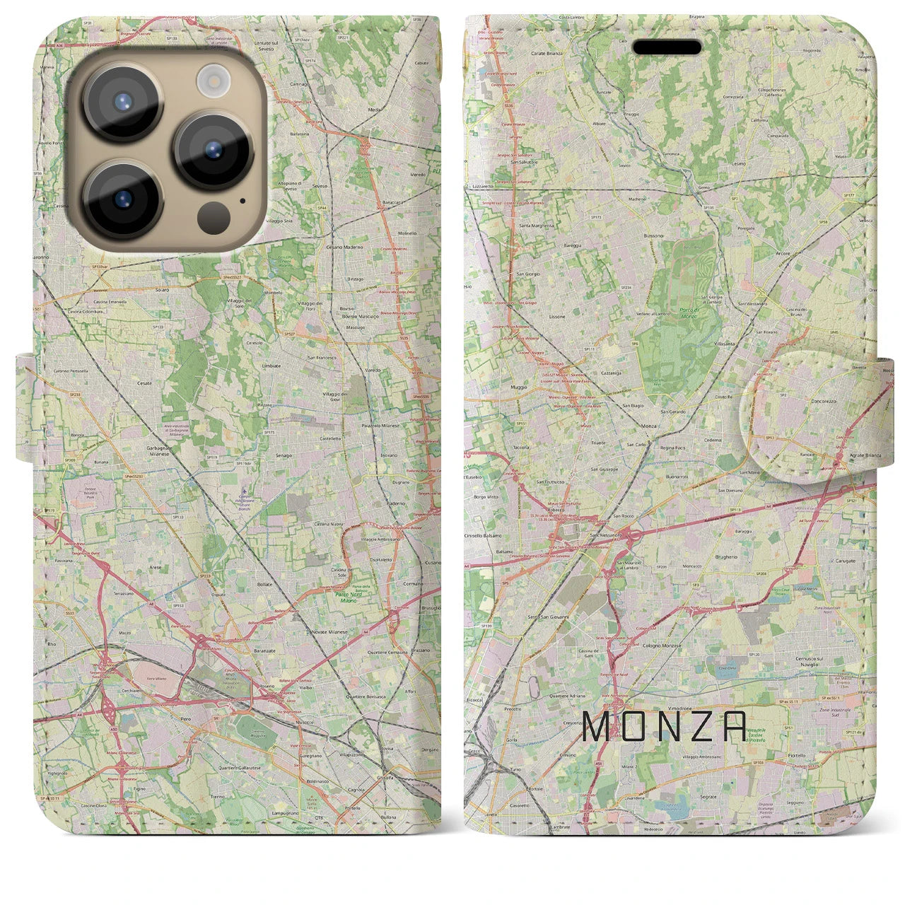 【モンツァ】地図柄iPhoneケース（手帳両面タイプ・ナチュラル）iPhone 14 Pro Max 用