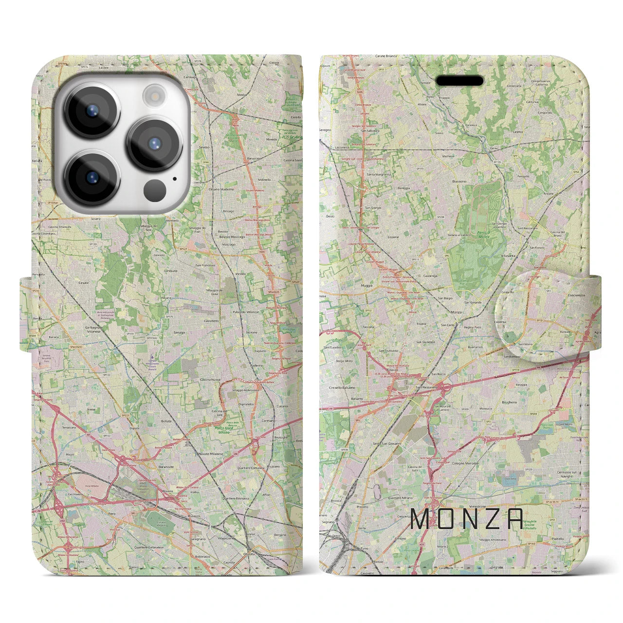 【モンツァ】地図柄iPhoneケース（手帳両面タイプ・ナチュラル）iPhone 14 Pro 用