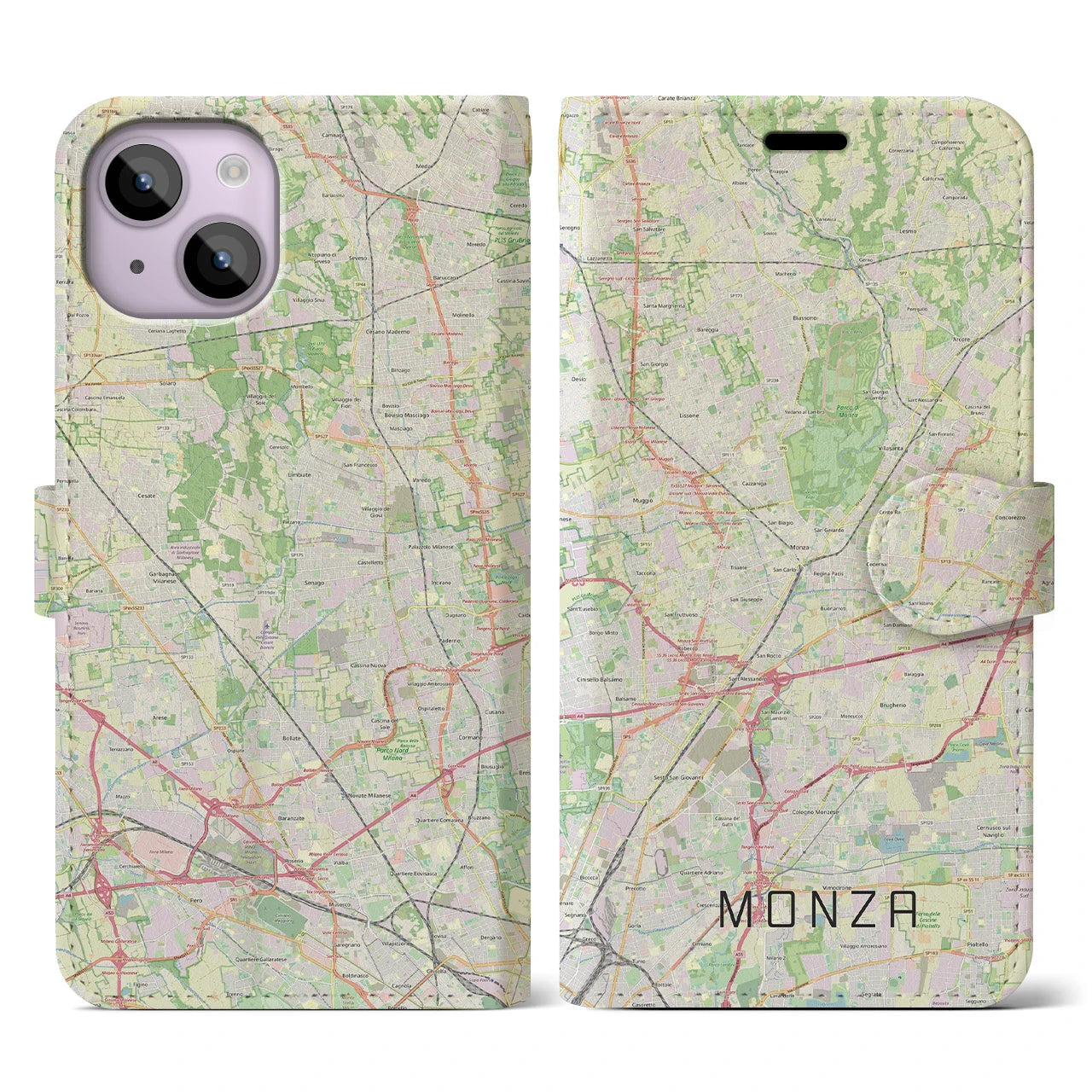 【モンツァ】地図柄iPhoneケース（手帳両面タイプ・ナチュラル）iPhone 14 用