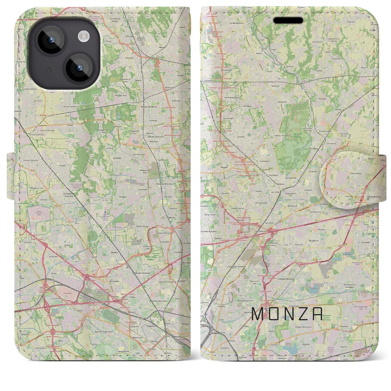 【モンツァ】地図柄iPhoneケース（手帳両面タイプ・ナチュラル）iPhone 14 Plus 用