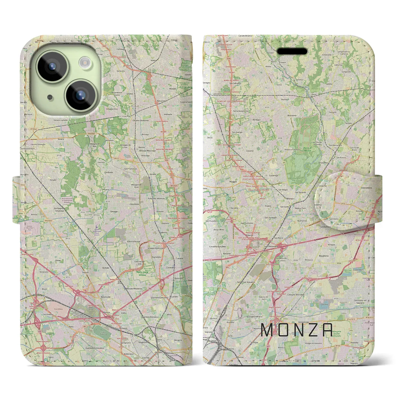 【モンツァ】地図柄iPhoneケース（手帳両面タイプ・ナチュラル）iPhone 15 用