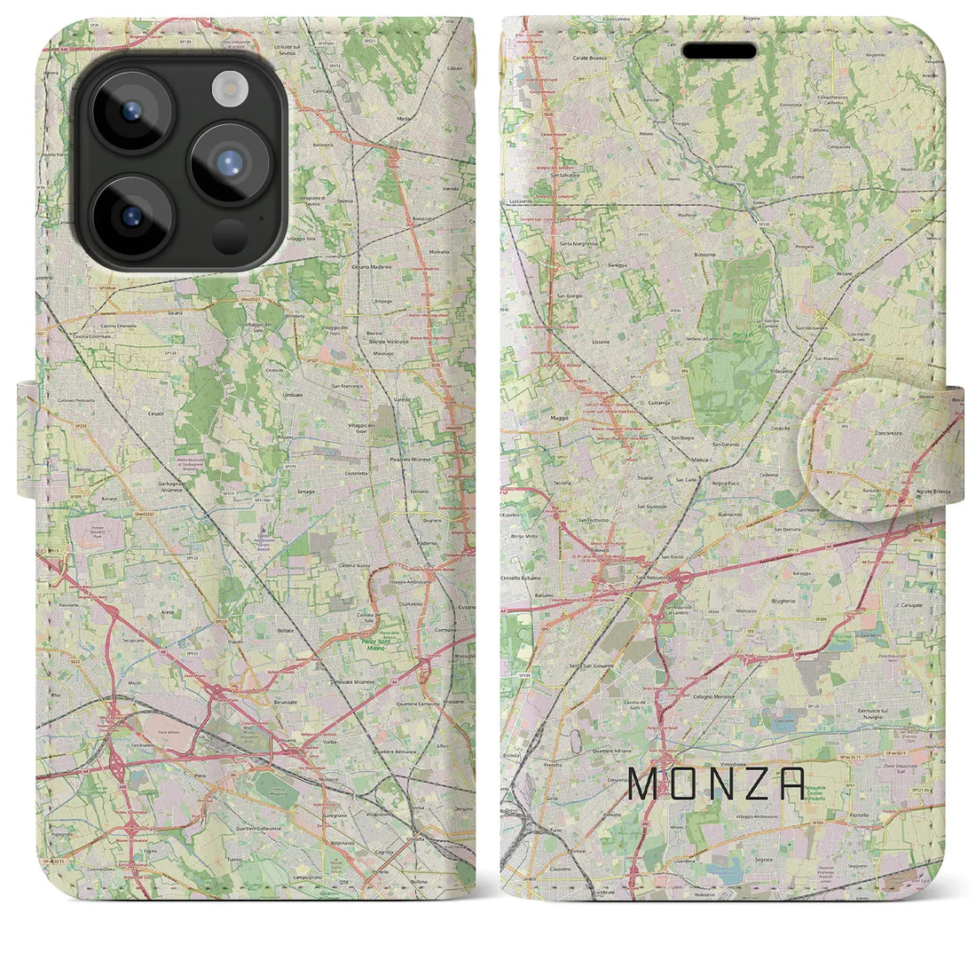 【モンツァ】地図柄iPhoneケース（手帳両面タイプ・ナチュラル）iPhone 15 Pro Max 用