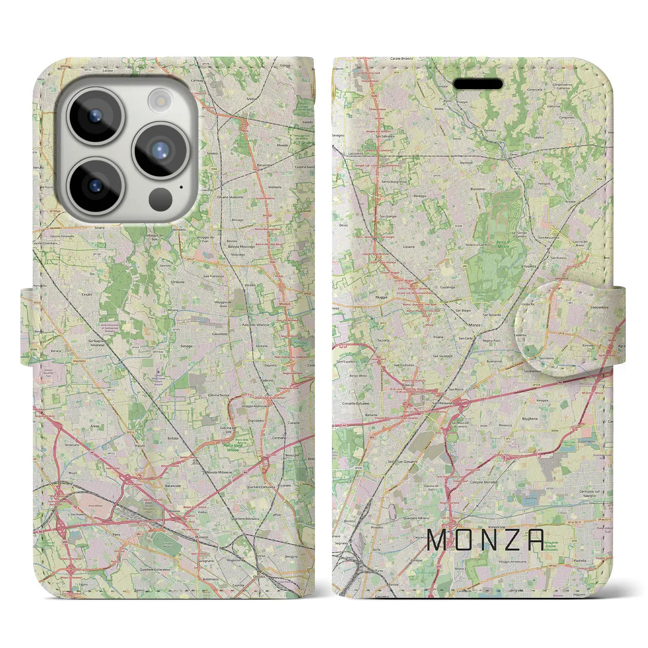 【モンツァ】地図柄iPhoneケース（手帳両面タイプ・ナチュラル）iPhone 15 Pro 用