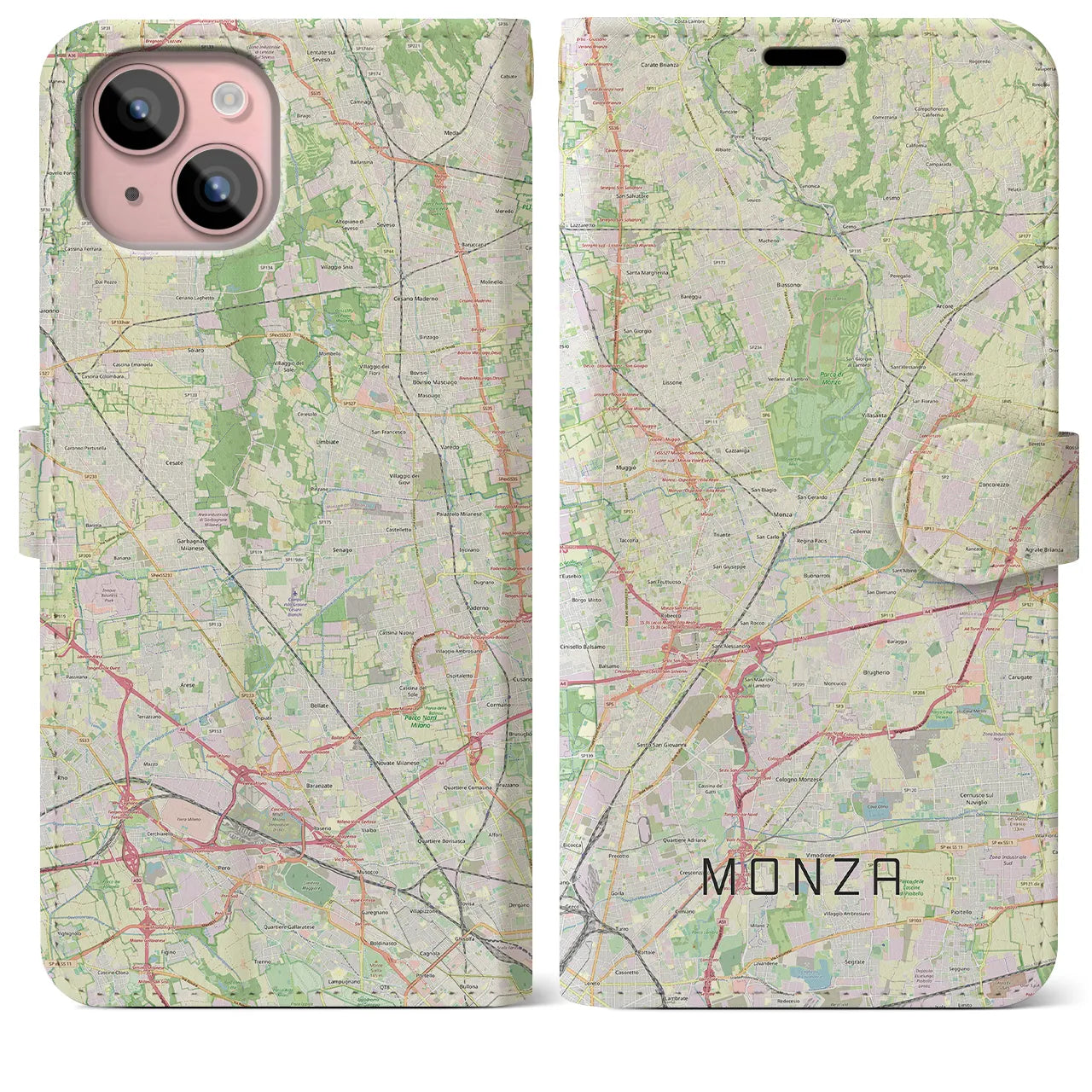 【モンツァ】地図柄iPhoneケース（手帳両面タイプ・ナチュラル）iPhone 15 Plus 用