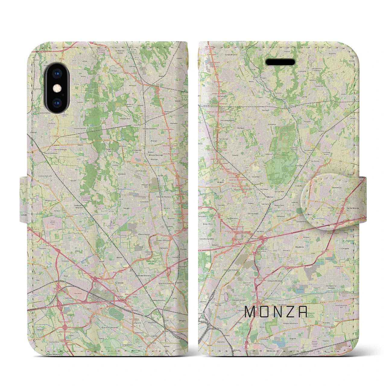 【モンツァ】地図柄iPhoneケース（手帳両面タイプ・ナチュラル）iPhone XS / X 用
