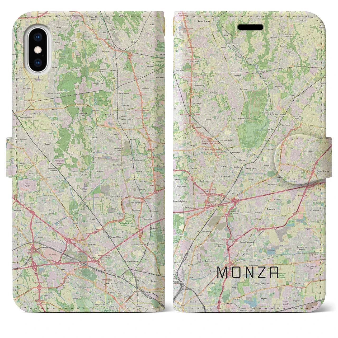 【モンツァ】地図柄iPhoneケース（手帳両面タイプ・ナチュラル）iPhone XS Max 用
