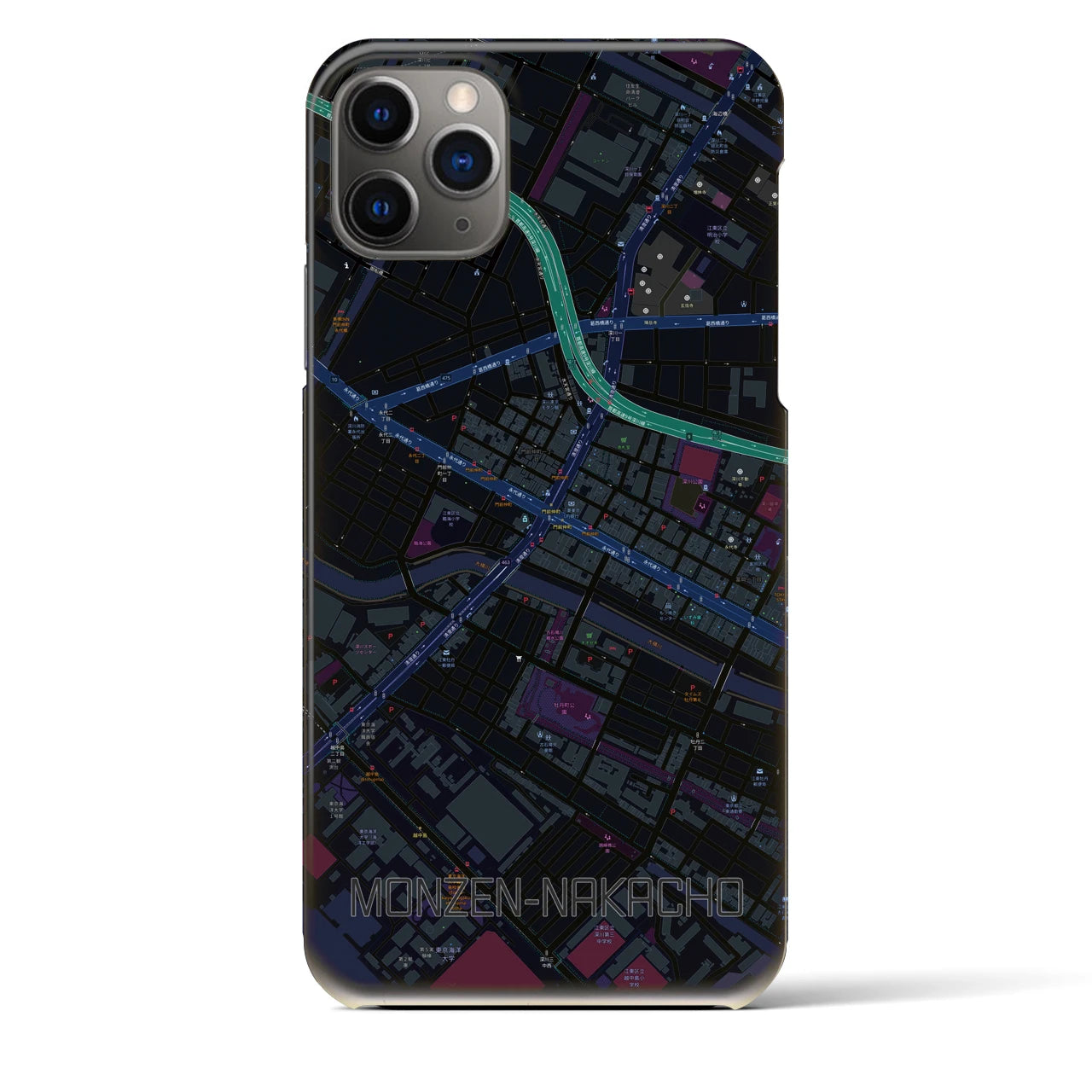 【門前仲町】地図柄iPhoneケース（バックカバータイプ・ブラック）iPhone 11 Pro Max 用