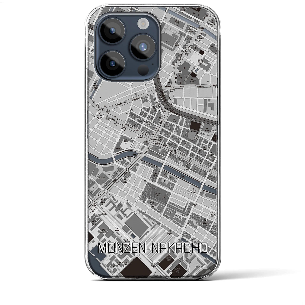 【門前仲町】地図柄iPhoneケース（クリアタイプ・モノトーン）iPhone 15 Pro Max 用