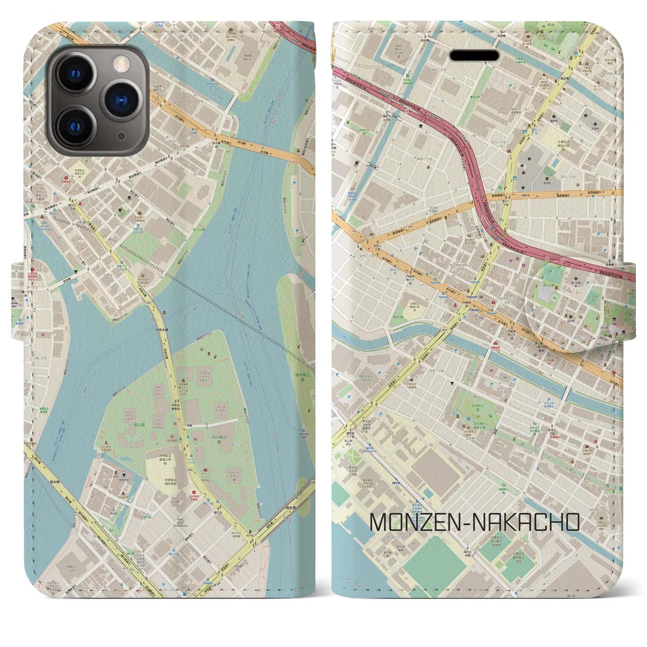 【門前仲町】地図柄iPhoneケース（手帳両面タイプ・ナチュラル）iPhone 11 Pro Max 用