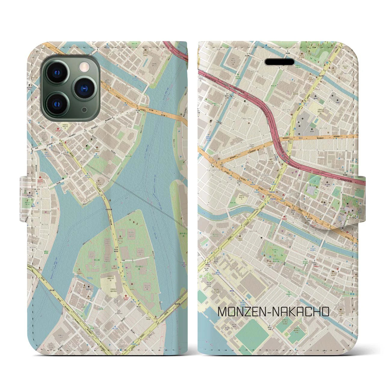【門前仲町（東京都）】地図柄iPhoneケース（手帳タイプ）ナチュラル・iPhone 11 Pro 用