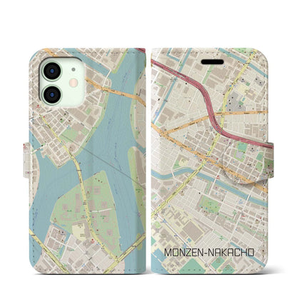 【門前仲町（東京都）】地図柄iPhoneケース（手帳タイプ）ナチュラル・iPhone 12 mini 用