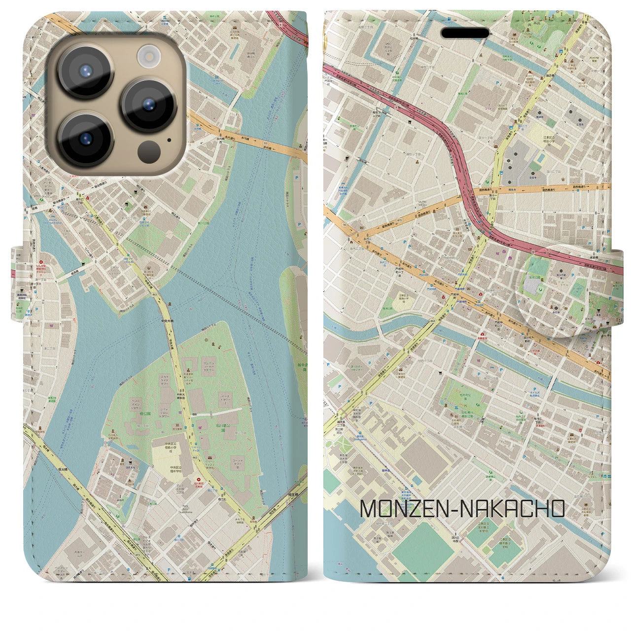 【門前仲町】地図柄iPhoneケース（手帳両面タイプ・ナチュラル）iPhone 14 Pro Max 用