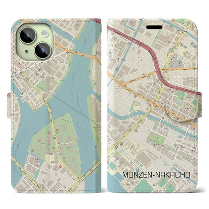 【門前仲町（東京都）】地図柄iPhoneケース（手帳タイプ）ナチュラル・iPhone 15 用