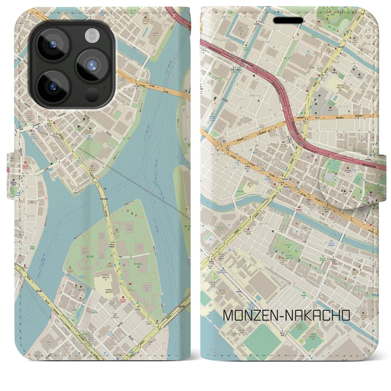 【門前仲町】地図柄iPhoneケース（手帳両面タイプ・ナチュラル）iPhone 15 Pro Max 用