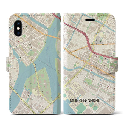 【門前仲町（東京都）】地図柄iPhoneケース（手帳タイプ）ナチュラル・iPhone XS / X 用