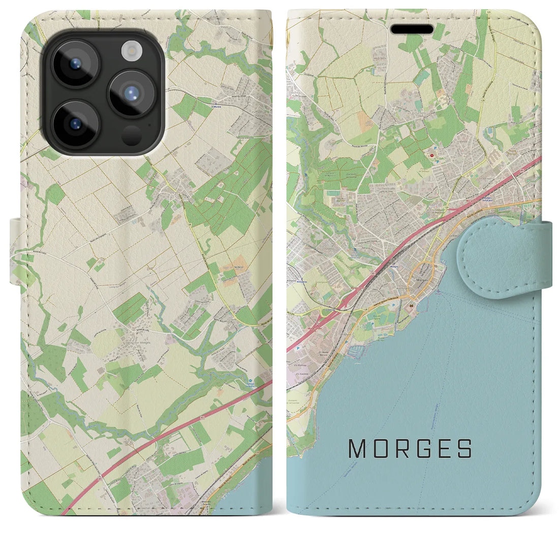 【モルジュ】地図柄iPhoneケース（手帳両面タイプ・ナチュラル）iPhone 15 Pro Max 用