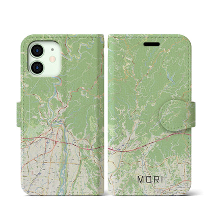 【森（静岡県）】地図柄iPhoneケース（手帳タイプ）ナチュラル・iPhone 12 mini 用