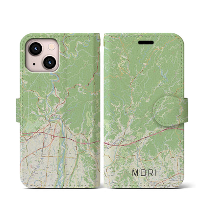 【森（静岡県）】地図柄iPhoneケース（手帳タイプ）ナチュラル・iPhone 13 mini 用