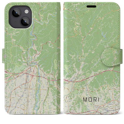 【森（静岡県）】地図柄iPhoneケース（手帳タイプ）ナチュラル・iPhone 14 Plus 用