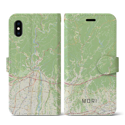 【森（静岡県）】地図柄iPhoneケース（手帳タイプ）ナチュラル・iPhone XS / X 用
