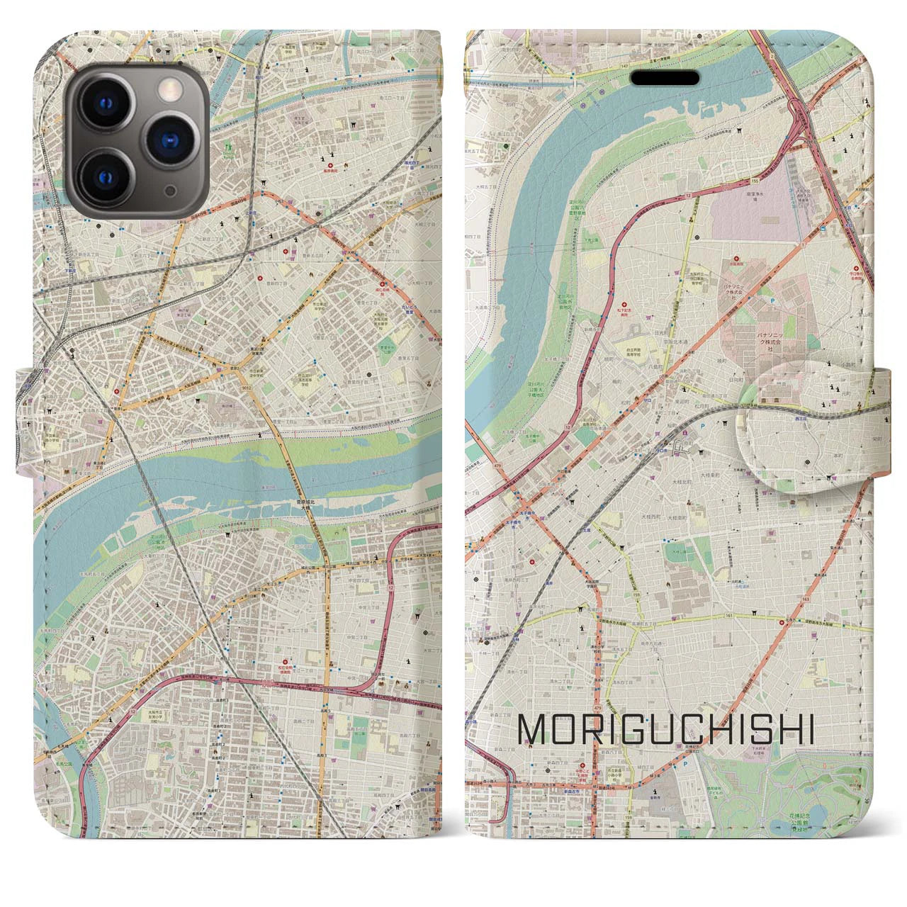 【守口市】地図柄iPhoneケース（手帳両面タイプ・ナチュラル）iPhone 11 Pro Max 用