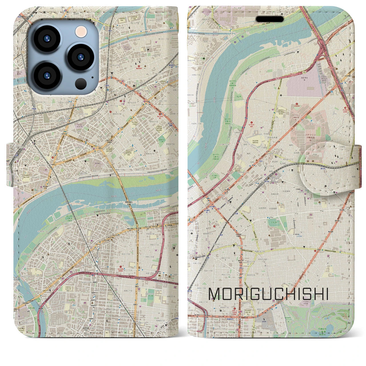 【守口市】地図柄iPhoneケース（手帳両面タイプ・ナチュラル）iPhone 13 Pro Max 用