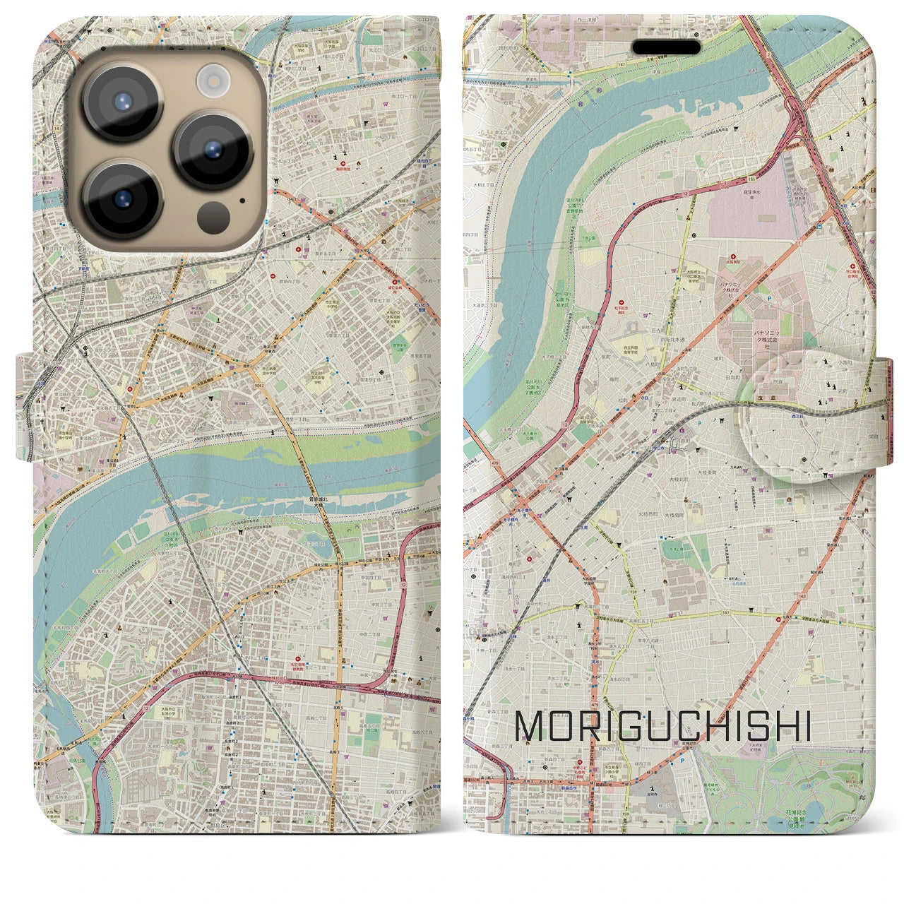 【守口市】地図柄iPhoneケース（手帳両面タイプ・ナチュラル）iPhone 14 Pro Max 用