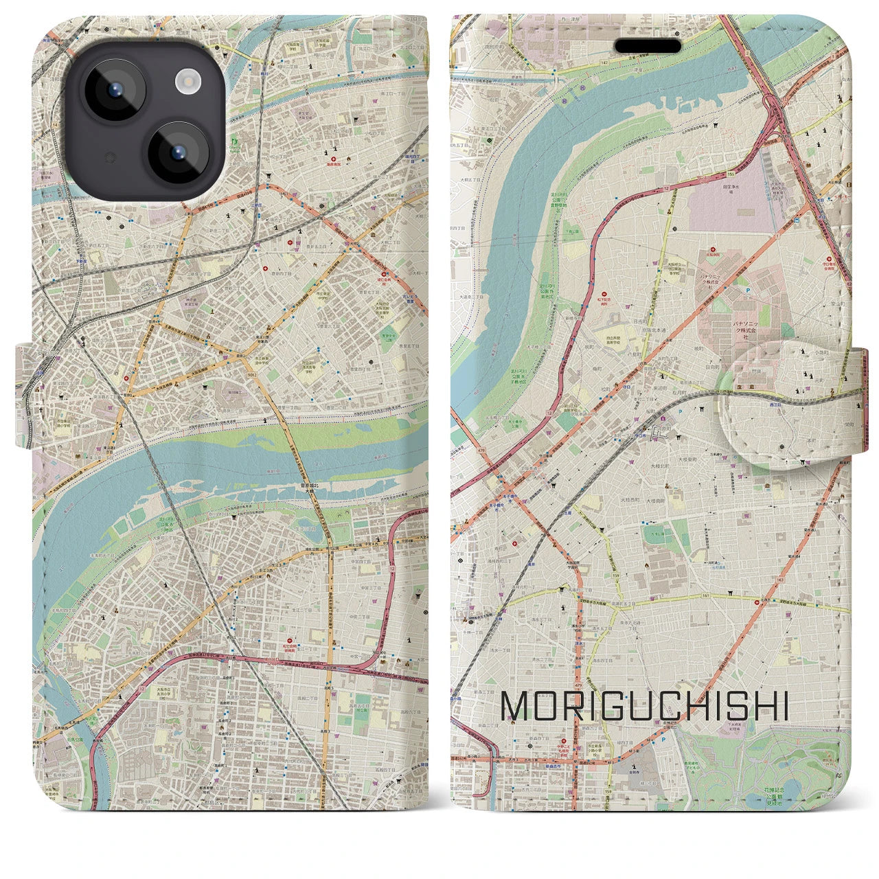【守口市】地図柄iPhoneケース（手帳両面タイプ・ナチュラル）iPhone 14 Plus 用